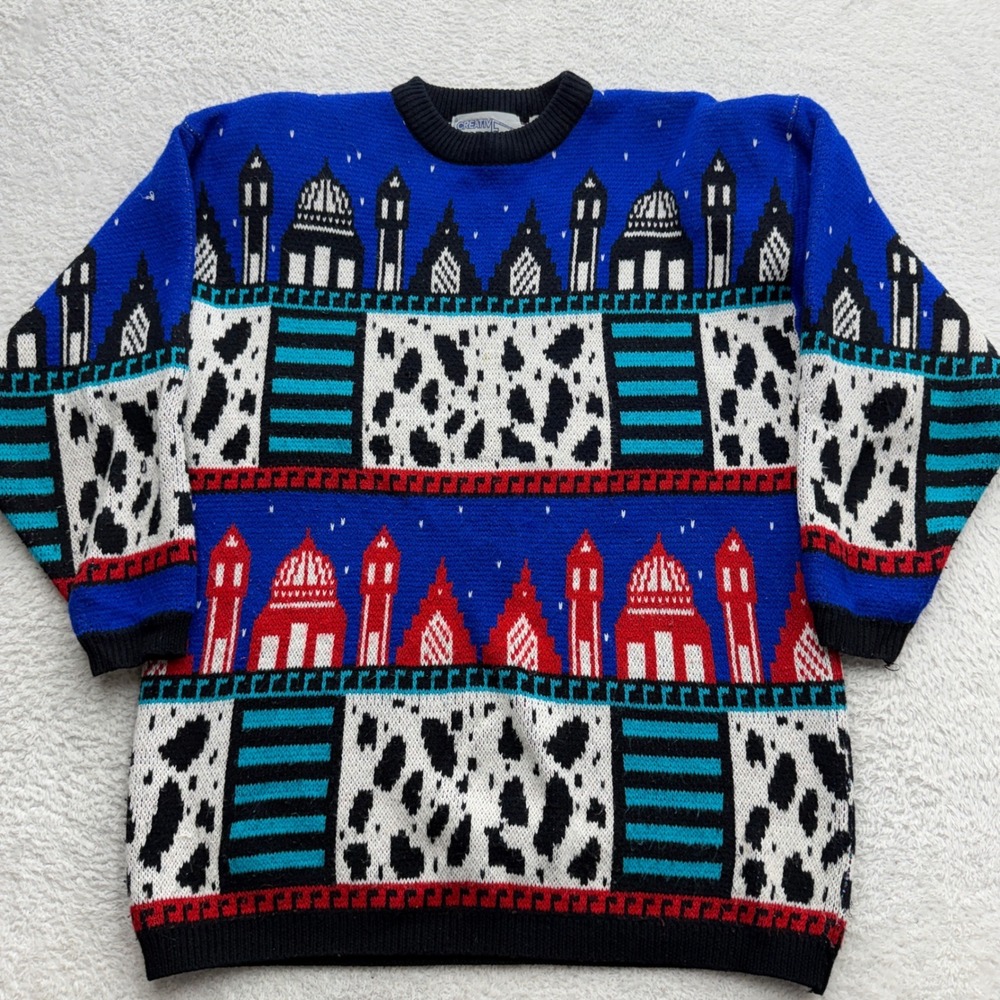 Creative Force Vintage 80s Cityscape Animal Print Knit Sweater Blue Red Womens M